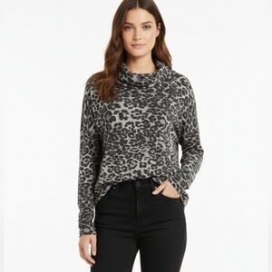 MTS Leopard Print Cowl Neck Long Sleeve Top Grey Black Faux Wrap Soft 1X
